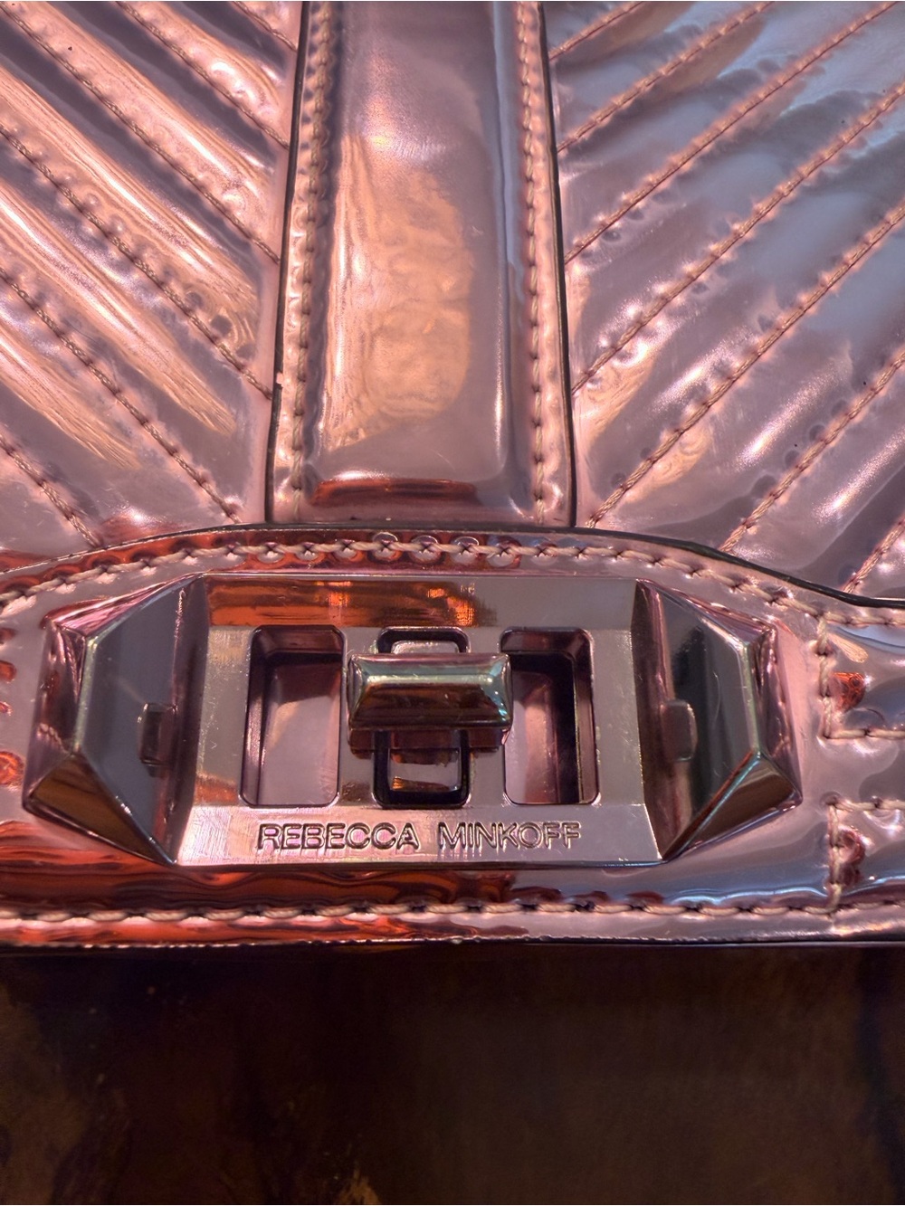 Rebecca Minkoff Chevron Quilted Love Crossbody Metallic Rose Gold Finish GUC - Picture 12 of 17
